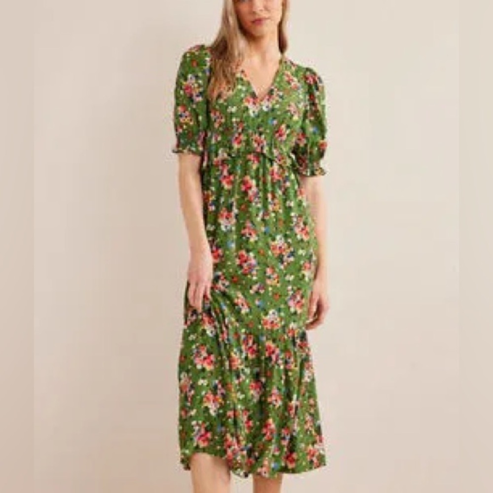 Boden ruffle detail tea midi dress floral green women’s 8 crepe